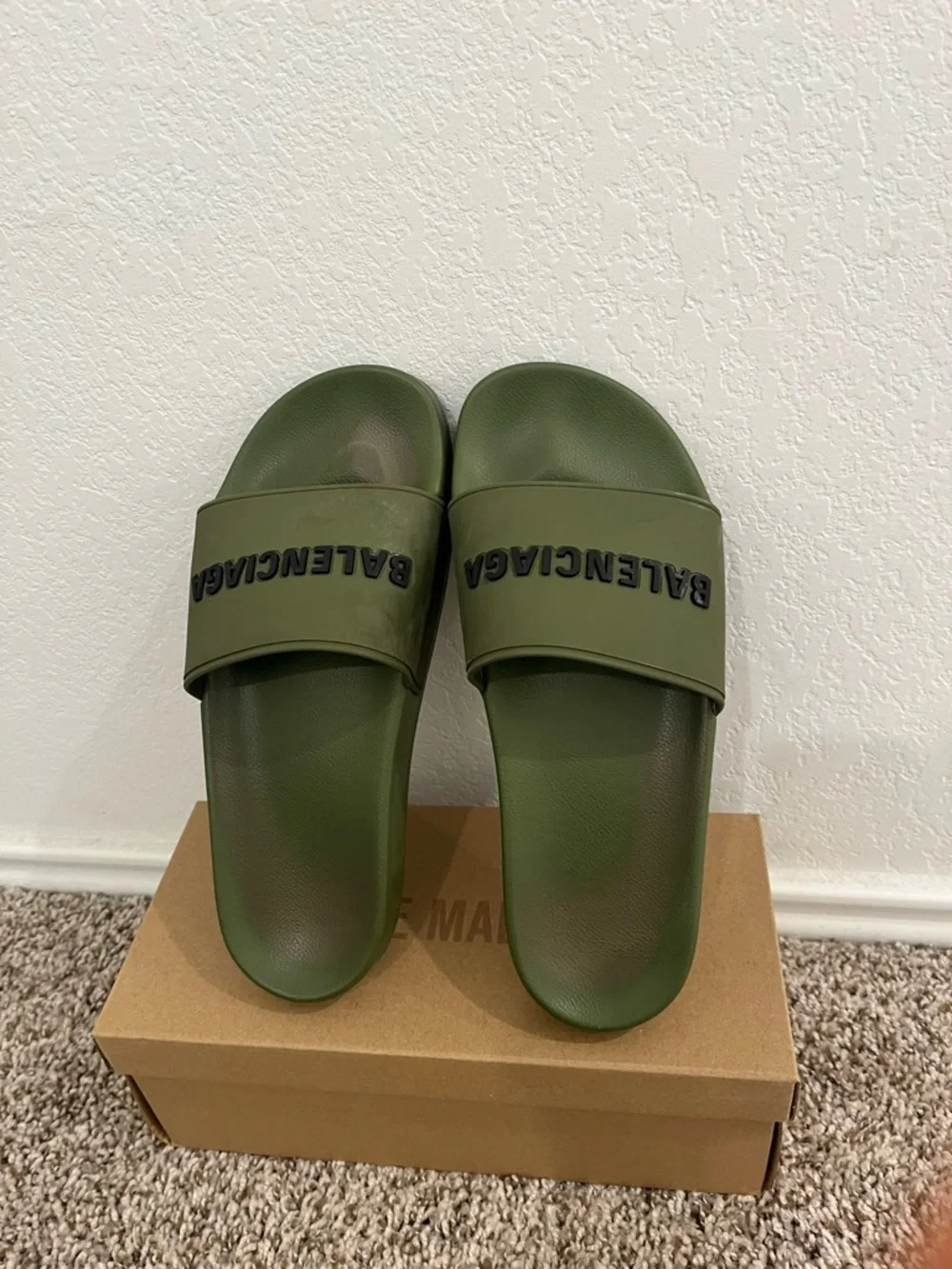 Balenciaga Olive Green Rubber Logo Slides with Black Lettering